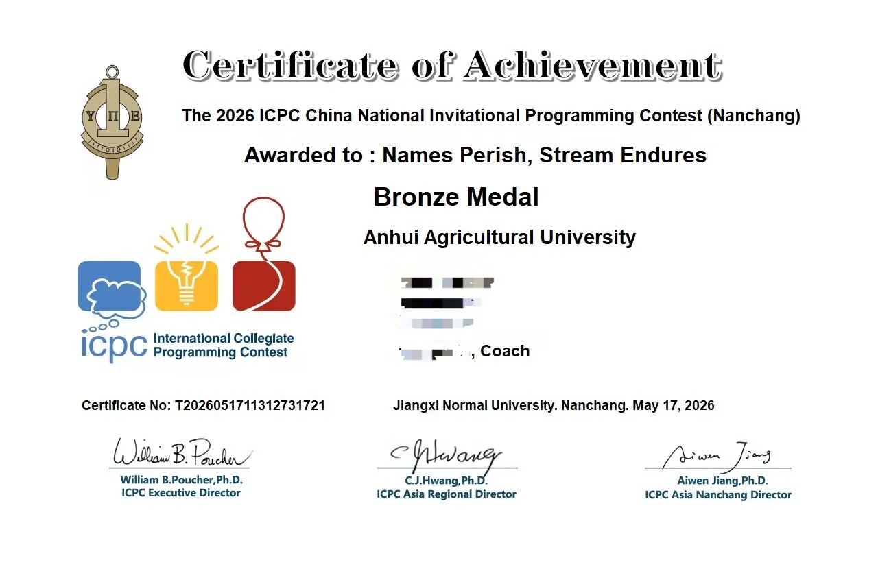 ICPC 南昌邀请赛铜奖证书